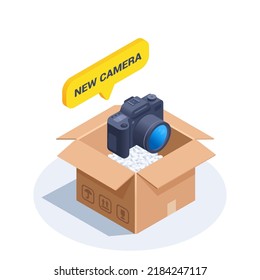 isometric vector illustration isolated on white background, camera over opened box and text bubble with text new camera, buying and unpacking new equipment