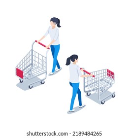 isometric vector illustration isolated on white background, back and front view woman with shopping cart, shopping or attraction