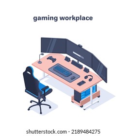 isometric vector illustration isolated on white background, gaming workplace, gaming computer on a large table next to an armchair