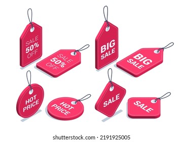 isometric vector illustration isolated on white background, set of red color price tags with drawstring, big sale or hot price