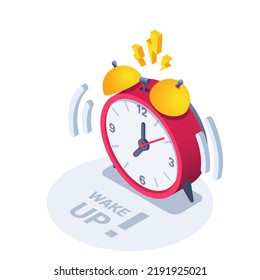 ilustración vectorial isométrica aislada en el fondo blanco, icono del reloj despertador rojo sonando con tornillos de vibración y relámpago, inscripción despertar con signo de exclamación