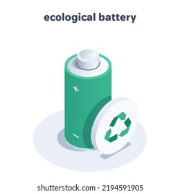 ilustración vectorial isométrica aislada en fondo blanco, batería verde y símbolo de reciclado, batería ecológica o energía segura