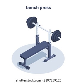 isometric vector illustration isolated on white background, bench press and barbell, gym sports equipment