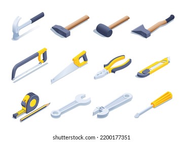 isometric vector illustration isolated on white background, hand tools icon set for builder or carpenter, quipment and gear shop