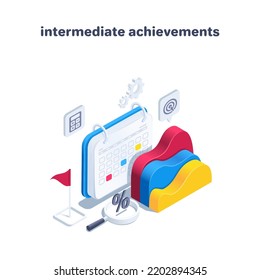 isometric vector illustration isolated on white background, calendar and wave chart near magnifying glass and percent icon, intermediate achievements or statistics data