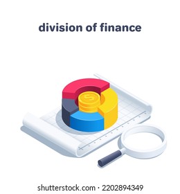 isometric vector illustration isolated on white background, pie chart with coins centered on a sheet of paper next to a magnifying glass, division of finance