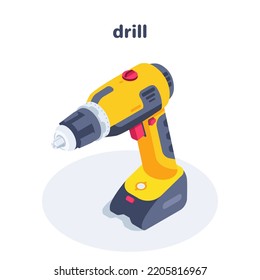 isometric vector illustration isolated on white background, cordless drill icon, power tool for home and workshop