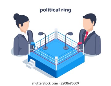 isometric vector illustration isolated on white background, political ring or debate, icons of man and woman in business suits and boxing ring with microphones