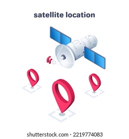 isometric vector illustration isolated on white background, satellite over location icons, satellite location or coordinates determination