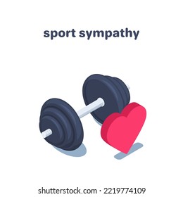 isometric vector illustration isolated on white background, dumbbell and heart icon, sport sympathy