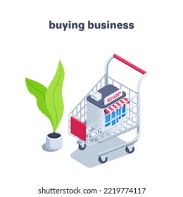 isometric vector illustration isolated on white background, food cart with shop, selling or buying business