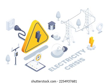 isometric vector illustration isolated on white background, socket and warning sign electricity, light bulbs and electric mains, electrical crisis or outage