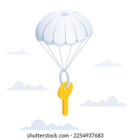 isometric vector illustration isolated on white background, the golden key descends on a parachute from the sky