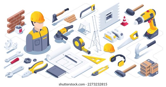 isometric vector illustration isolated on white background, construction tools and materials icon set, work equipment