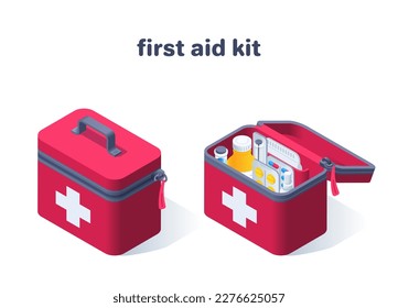 isometric vector illustration isolated on white background, open and closed first aid kit icon with medicines