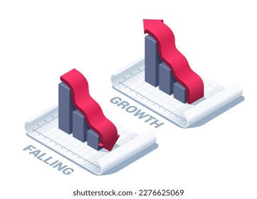 isometric vector illustration isolated on white background, column charts with red arrow going up and down, falling and growth or economic indicators