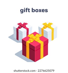 isometric vector illustration isolated on white background, gift boxes with ribbons and bow set