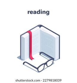 isometric vector illustration isolated on white background, book icon with red bookmark and glasses, reading or vision