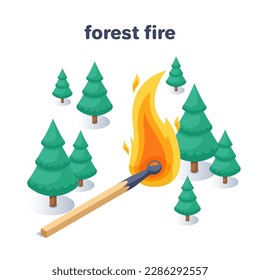 isometric vector illustration isolated on white background, fir trees and a burning match, forest fire