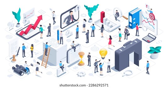 isometric vector illustration isolated on white background, set of people in business clothes and objects of office and financial spheres, business world or working people