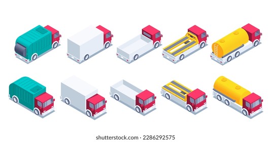 isometric vector illustration isolated on white background, truck set, tow truck with garbage truck and fuel truck, working transport