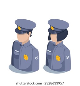 isometric vector illustration isolated on white background, police man and woman icon, profession or people in uniform