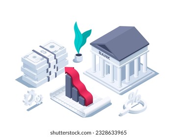 isometric vector illustration isolated on white background, bank icon next to stack of dollars and growing chart, lupas with percentages and gears, banking or financial investment