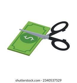 ilustración vectorial isométrica aislada en fondo blanco, tijeras y billete con signo de dólar, precio a la mitad.