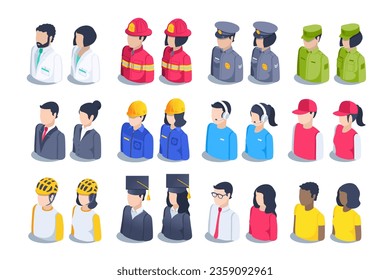 ilustración vectorial isométrica aislada en fondo blanco, conjunto de iconos de personas, hombres de negocios, estudiantes y trabajadores 