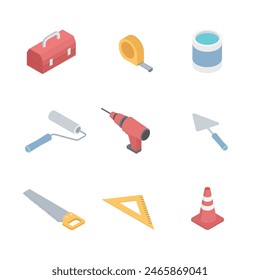 Isometric vector illustration isolated on white background, construction tools and materials icon set, work equipment