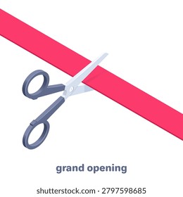 isometric vector illustration isolated on white background, scissors cut red ribbon, grand opening