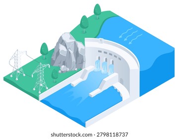 isometric vector illustration isolated on white background, hydroelectric power plant in landscape, green energy