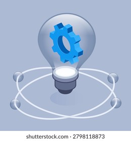 isometric vector illustration isolated on gray background, lamp with gear and molecules around it, ideas in technology