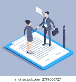 isometric vector illustration isolated on gray background, man and woman in business suits shake hands while standing on a tablet with a document, agreement in business and conclusion of a contract
