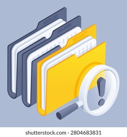 isometric vector illustration isolated on white background, yellow folder with documents and a magnifying glass with an exclamation sign, folder search icon