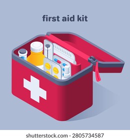 isometric vector illustration isolated on gray background, first aid kit icon with medicines