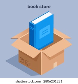 isometric vector illustration isolated on gray background, open cardboard box and book, book store or mail delivery