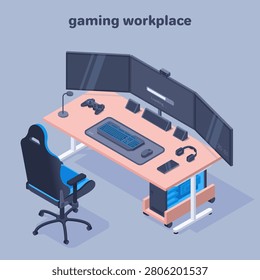 isometric vector illustration isolated on gray background, gaming workplace, gaming computer on a large table next to an armchair
