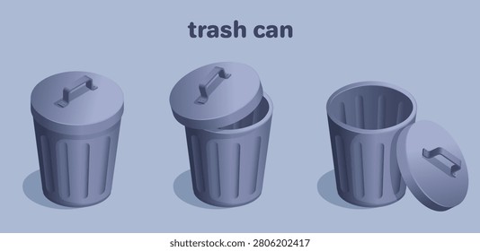 isometric vector illustration isolated on gray background, metal trash can icon with lid