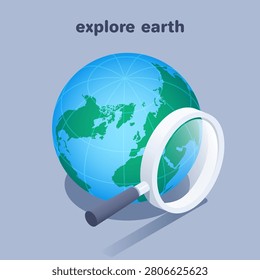 isometric vector illustration isolated on gray background, explore earth, globe and magnifier icon