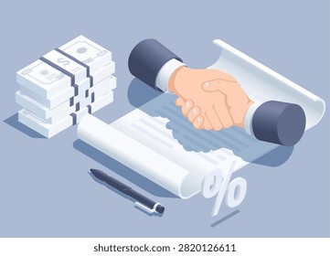 isometric vector illustration isolated on gray background, handshake over paper contract and stack of dollar bills, financial contract