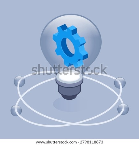 isometric vector illustration isolated on gray background, lamp with gear and molecules around it, ideas in technology