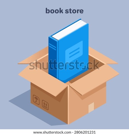 isometric vector illustration isolated on gray background, open cardboard box and book, book store or mail delivery