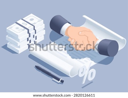 isometric vector illustration isolated on gray background, handshake over paper contract and stack of dollar bills, financial contract