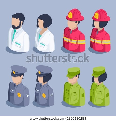 isometric vector illustration isolated on gray background, icon set of people of important professions, doctors with firefighters with police and military