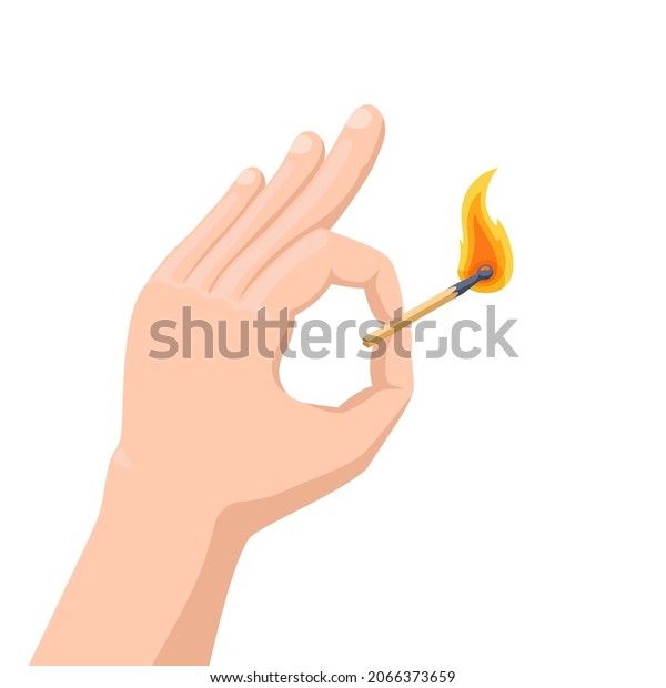 isometric vector illustration isolated on white\
background, hand with a burning match, fire safety and accurate\
behavior with fire