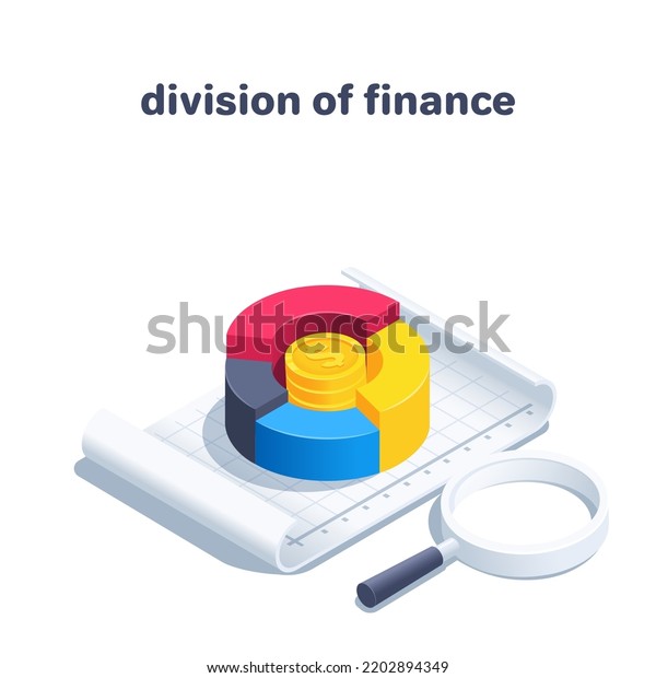isometric vector illustration\
isolated on white background, pie chart with coins centered on a\
sheet of paper next to a magnifying glass, division of\
finance