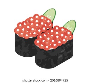 Isometric vector illustration of Japanese food, salmon roe sushi.