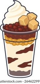 Isometric vector illustration of Korean bingsu dessert with red beans, injeolmi, and soft ice cream.