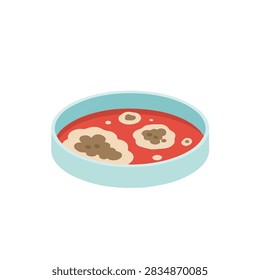 Isometric vector illustration of a laboratory petri dish with bacterial growth on red agar medium